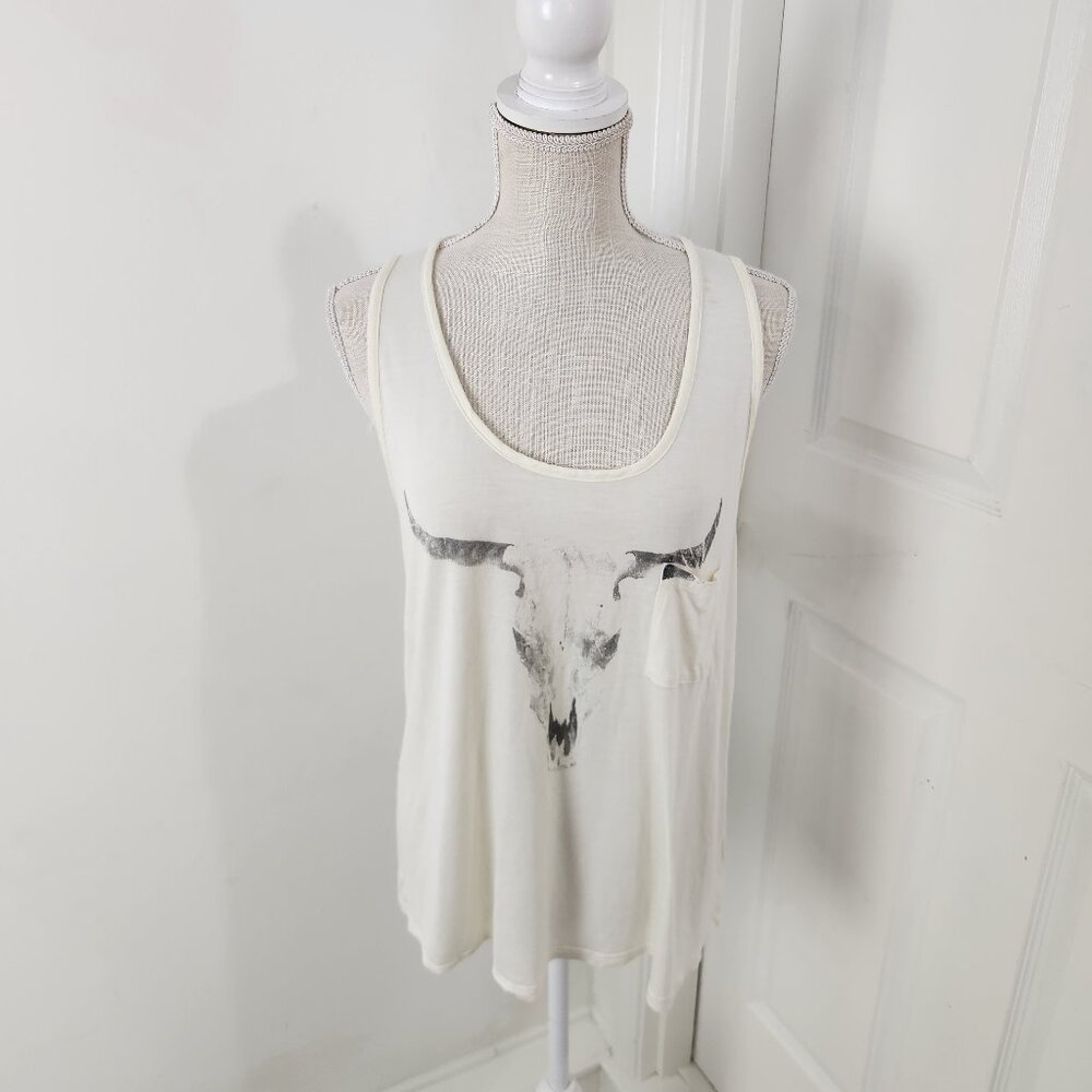Haute Hippie Top Womens M Cream Cow Skull Steer Western Cowgirl Rodeo Racerback